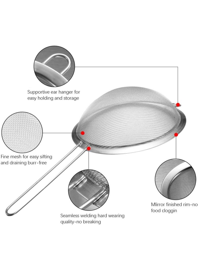 مجموعة مصافي شبكية دقيقة من الفولاذ المقاوم للصدأ، مناخل صغيرة متوسطة كبيرة الحجم بمقبض معزول، مناخل مطبخ متينة مكونة من 3 قطع للدقيق والشاي والعصير والمزيد (3 قطع 3 مقاسات مع غطاء بلاستيكي) - Image 2
